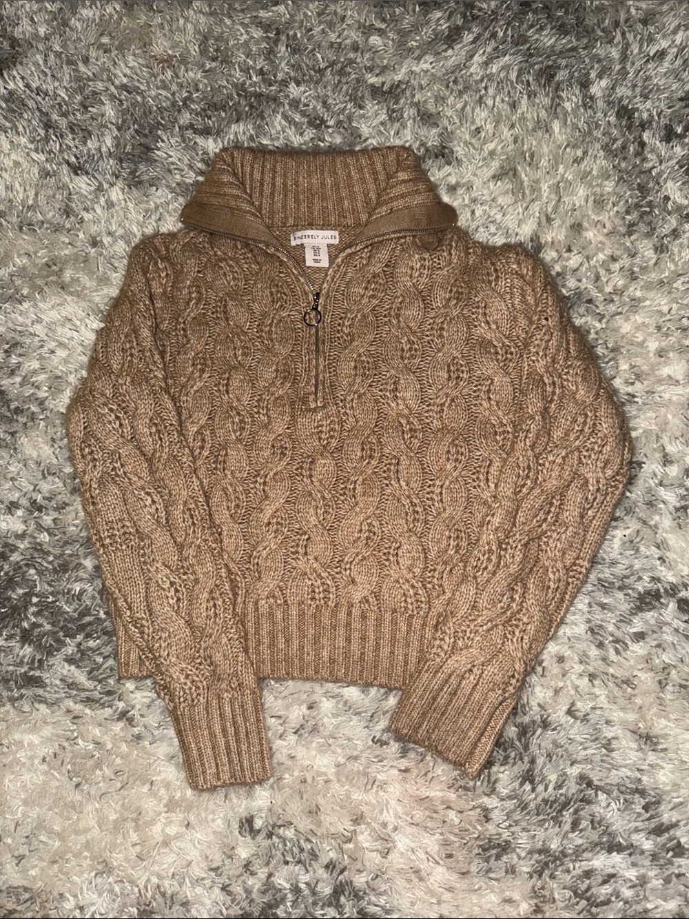 sincerely jules Camel Cable-Knit Half-Zip Turtleneck Sweater